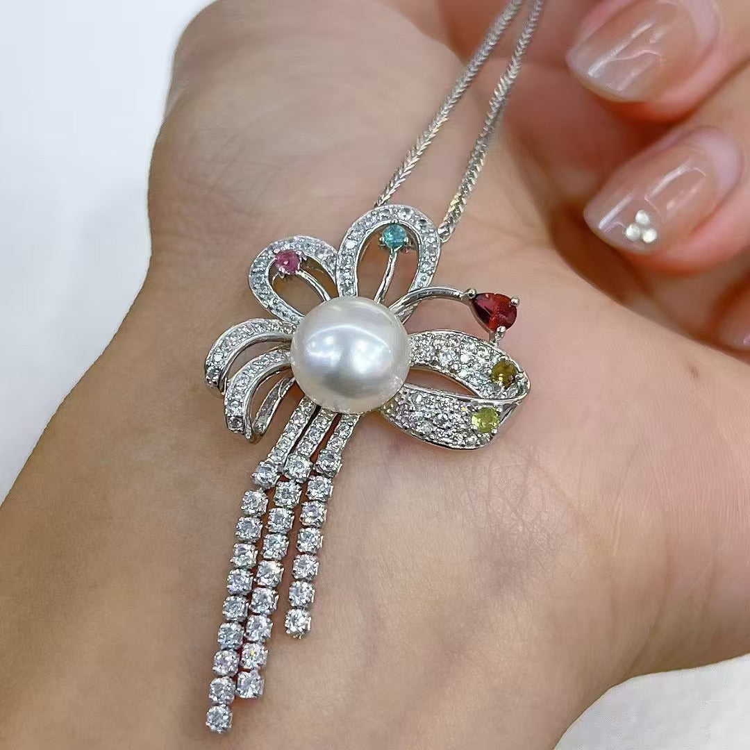 925 Sterling Silver Freshwater Pearl Bow Pendant with Delicate Rhodium Plating