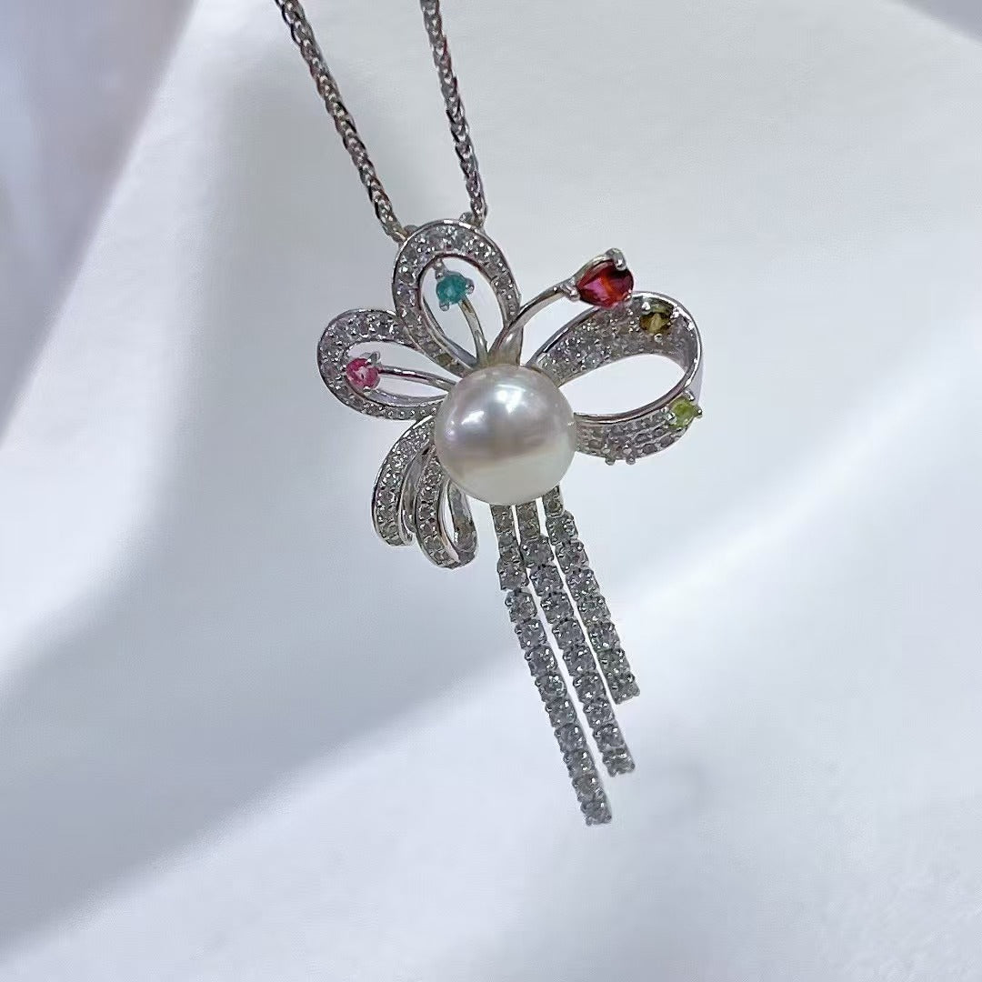 925 Sterling Silver Freshwater Pearl Bow Pendant with Delicate Rhodium Plating