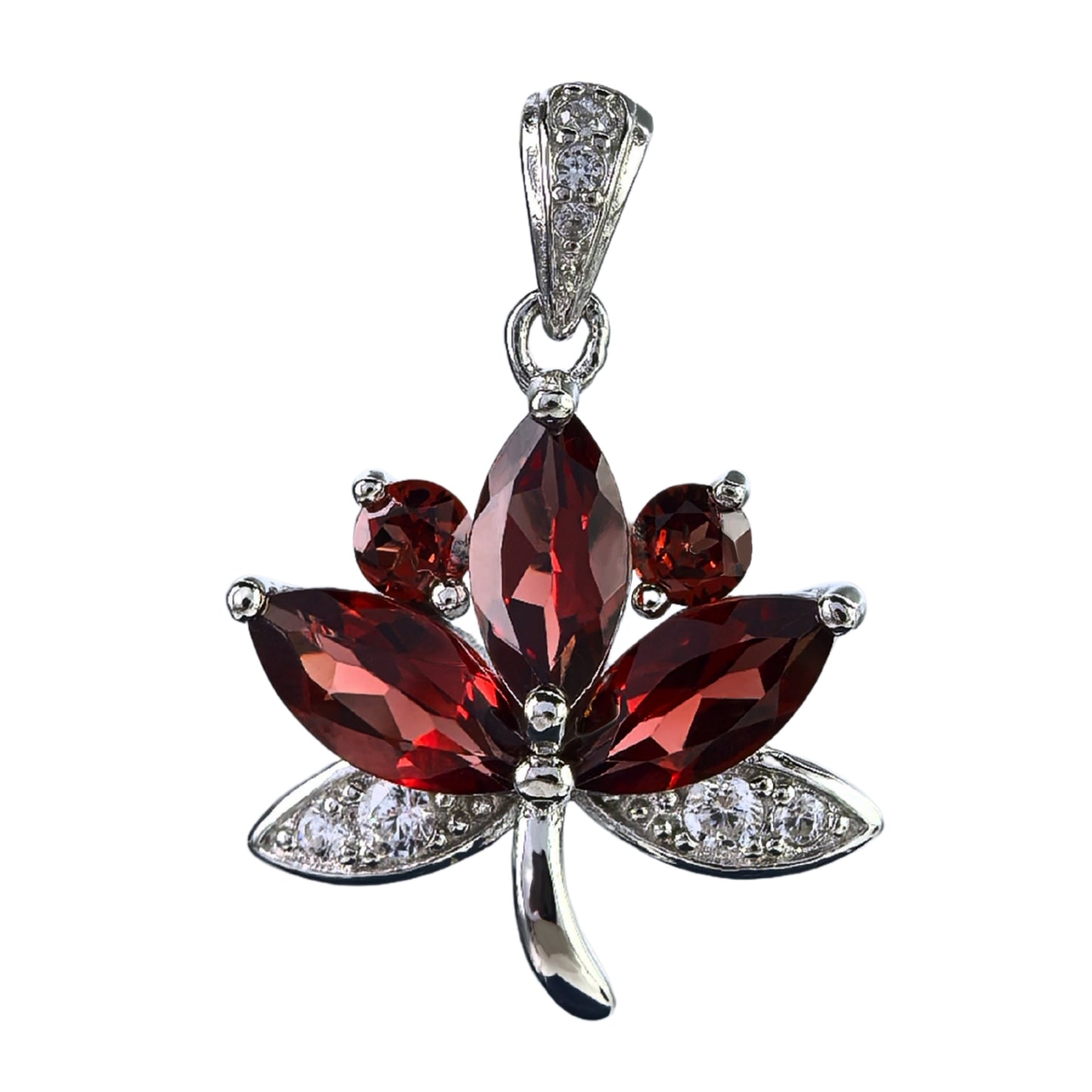Graceful Rhodium Plated 925 Silver Jewelry Natural Garnet Maple Leaf Pendant