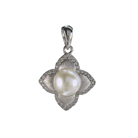 Exquisite 925 Sterling Silver Rhodium Plated Four Leaf Clover Freshwater Pearl Pendant