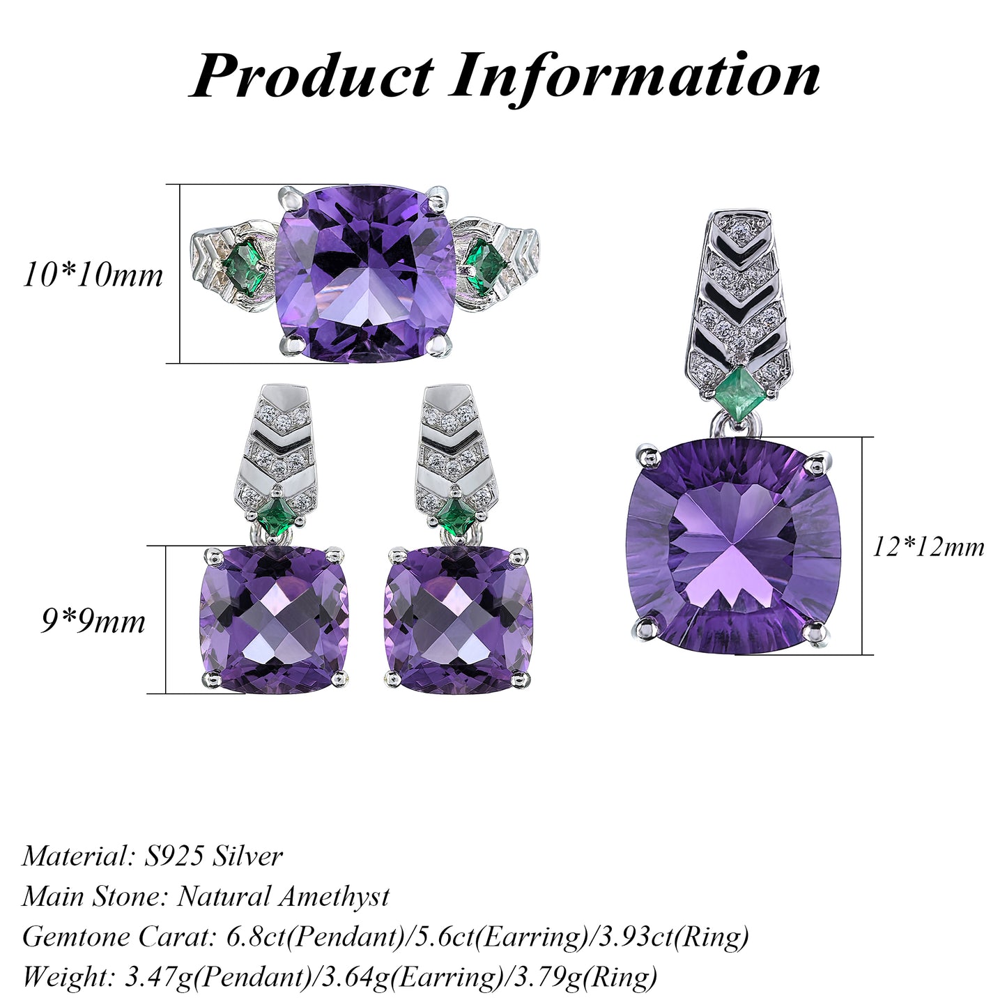 High Quality Rhodium Plated 925 Silver Natural Amethyst Jewelry Set