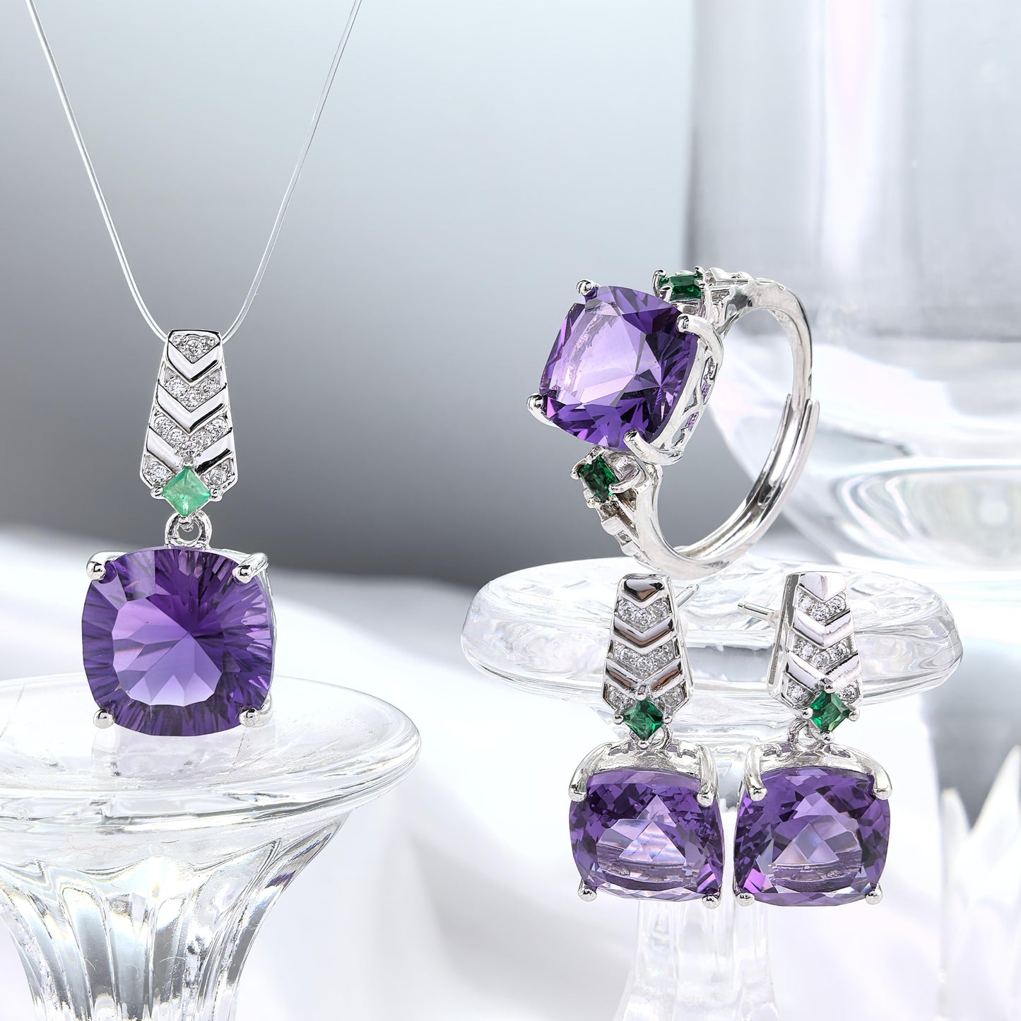 High Quality Rhodium Plated 925 Silver Natural Amethyst Jewelry Set