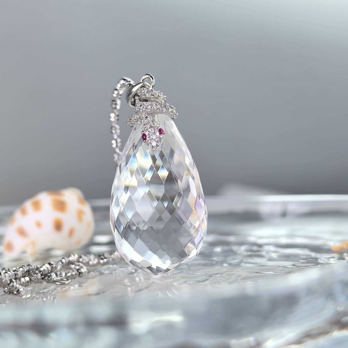 Crystal Clear Rhodium Plated Silver 925 Jewelry Natural White Quartz Snake Pendant