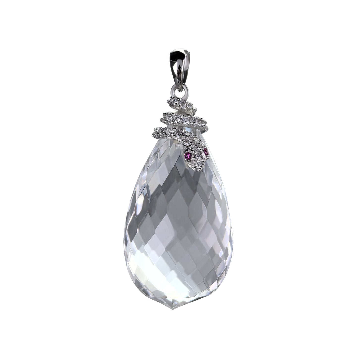 Crystal Clear Rhodium Plated Silver 925 Jewelry Natural White Quartz Snake Pendant