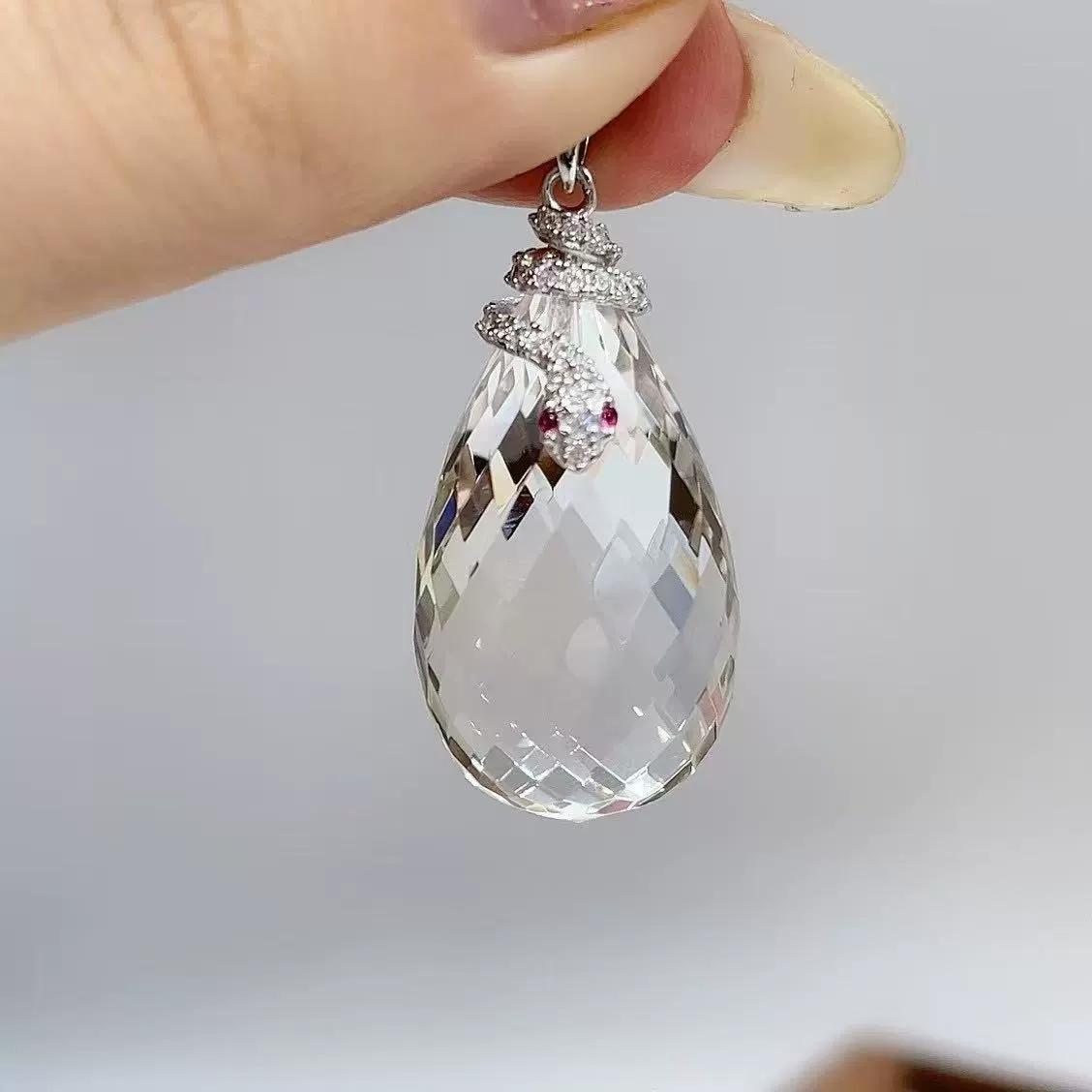 Crystal Clear Rhodium Plated Silver 925 Jewelry Natural White Quartz Snake Pendant