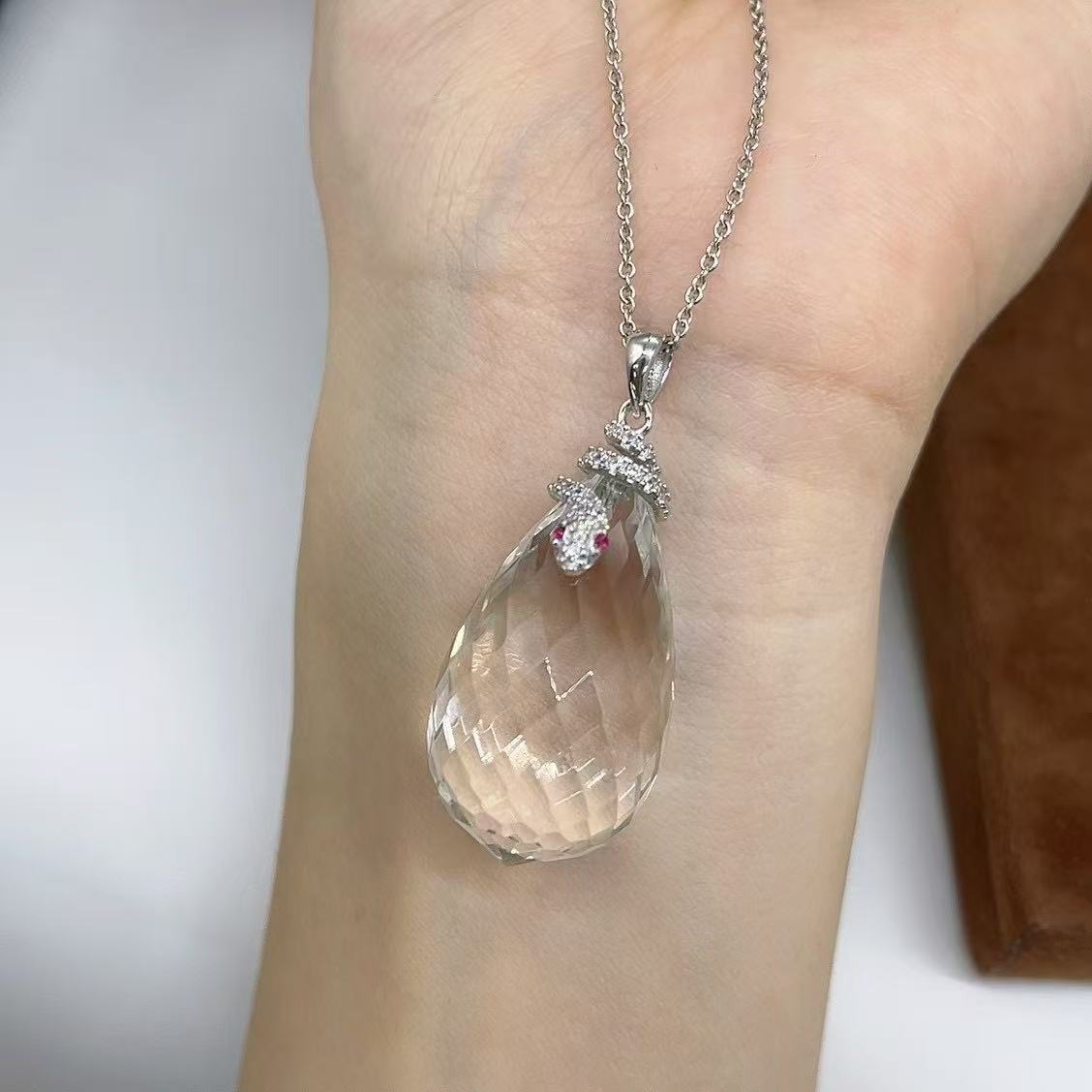 Crystal Clear Rhodium Plated Silver 925 Jewelry Natural White Quartz Snake Pendant