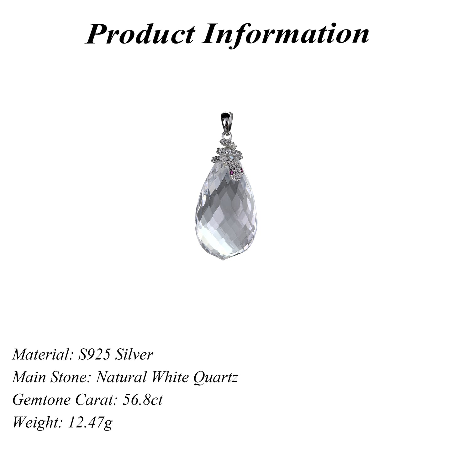 Crystal Clear Rhodium Plated Silver 925 Jewelry Natural White Quartz Snake Pendant