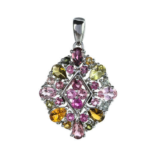 Dazzling Rhodium Plated Silver 925 Jewelry Natural Tourmaline Flower Pendant