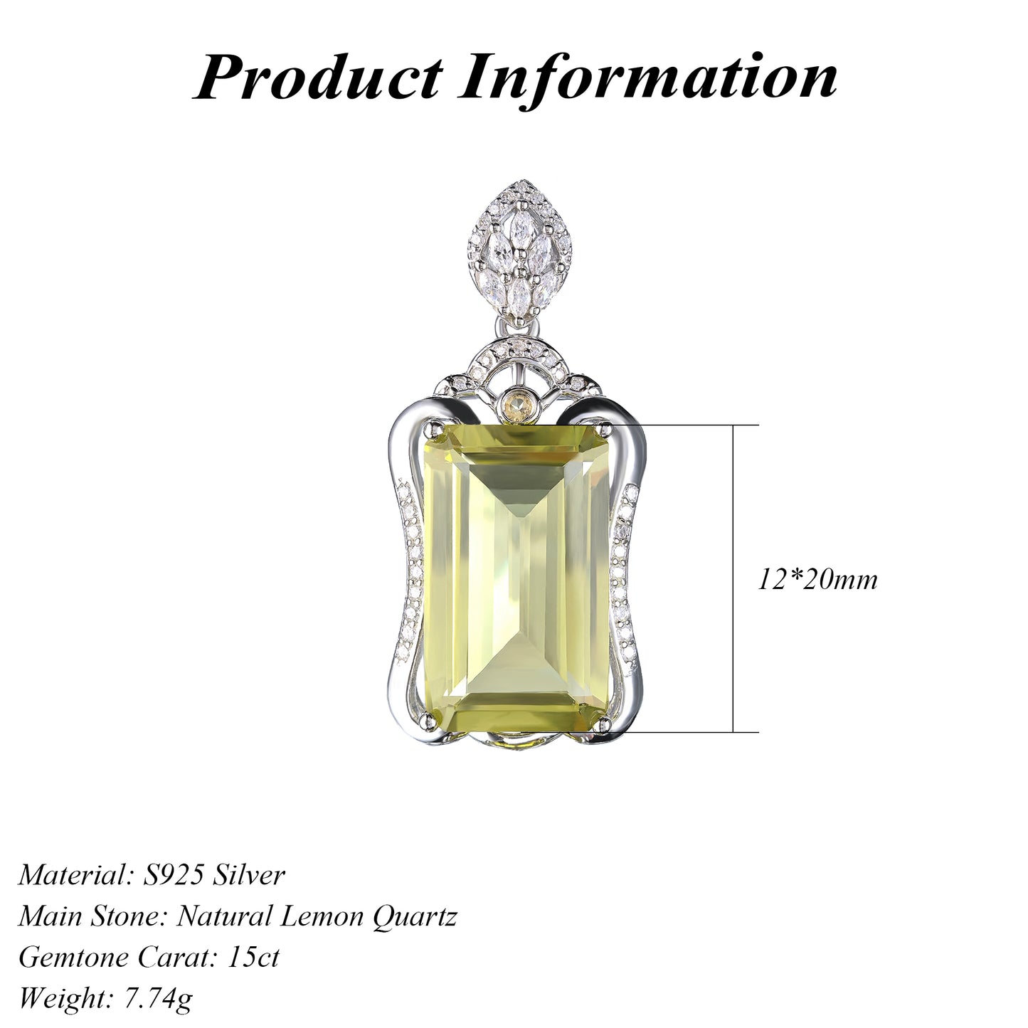 Classic Design 925 Sterling Silver Natural Lemon Quartz Pendant