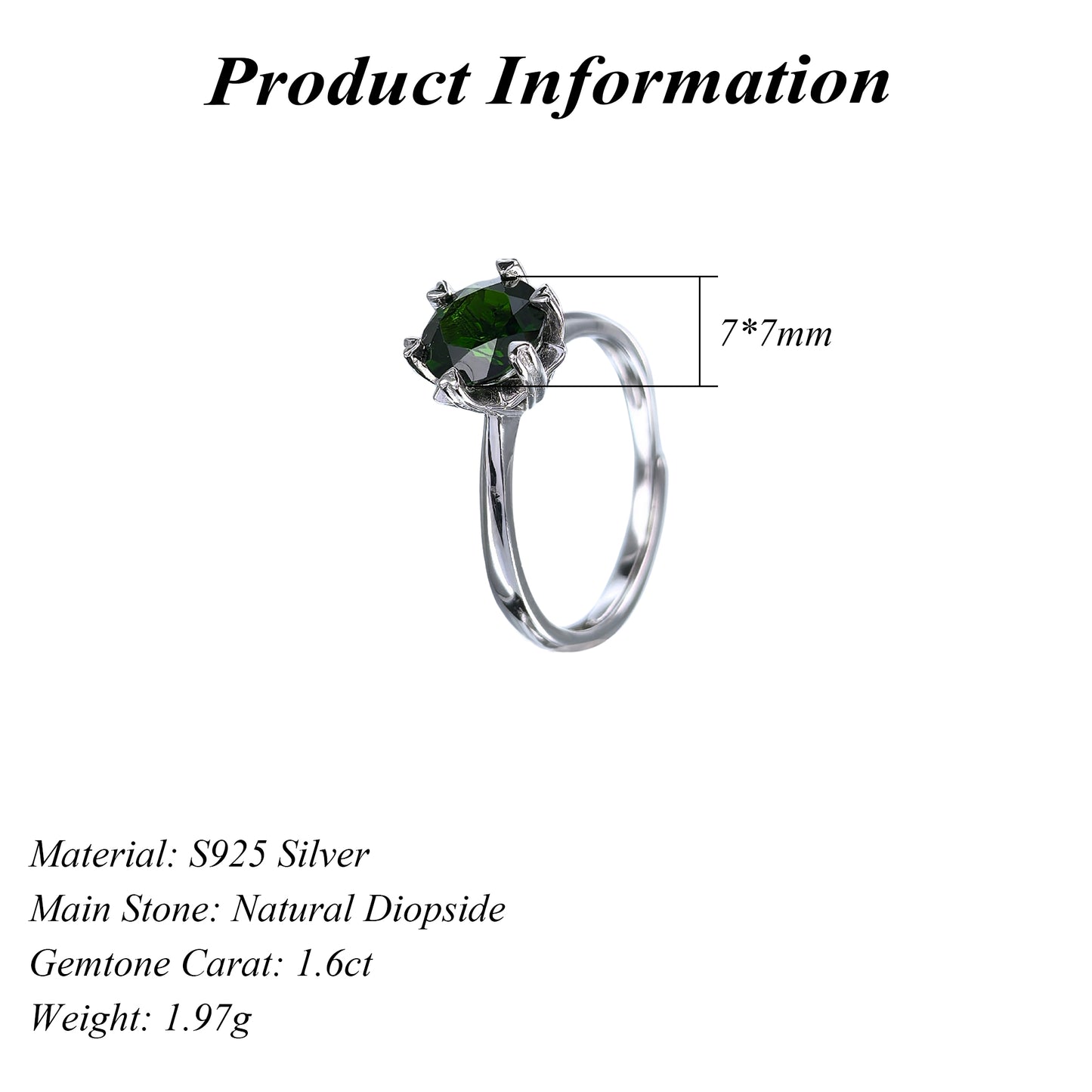 Graceful Rhodium Plated 925 Sterling Silver Natural Diopside Ring
