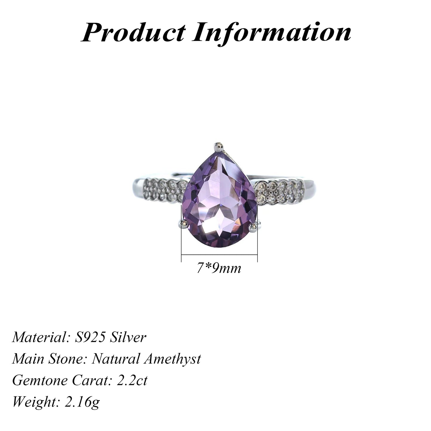 Classic Rhodium Plated Joyas De Plata 925 Original Natural Amethyst Ring