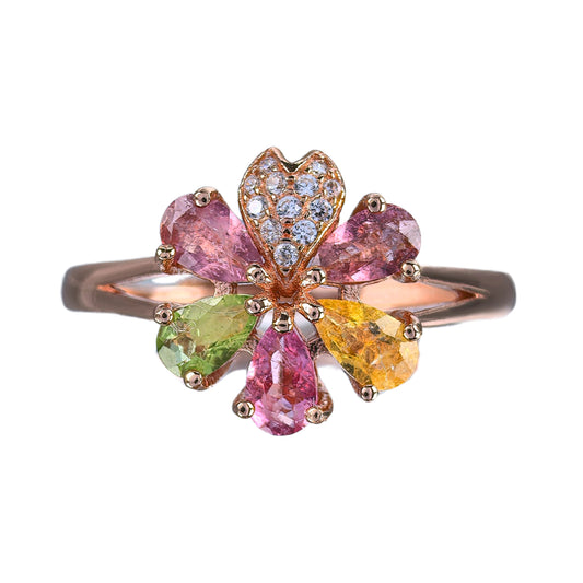 Exquisite Rose Gold Plated 925 Silver Jewelry Natural Tourmaline Flower Ring