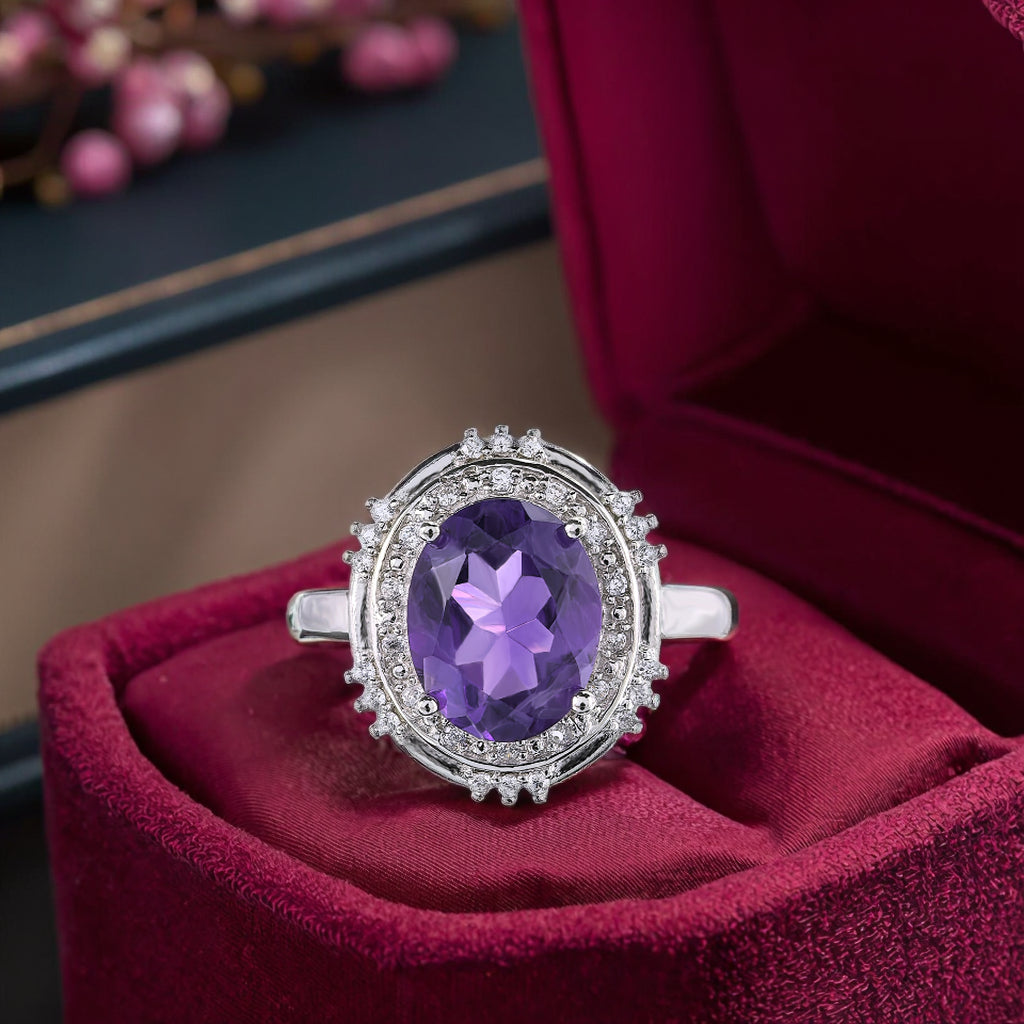 Sparkling Rhodium Plated Silver 925 Jewelry Natural Amethyst Ring