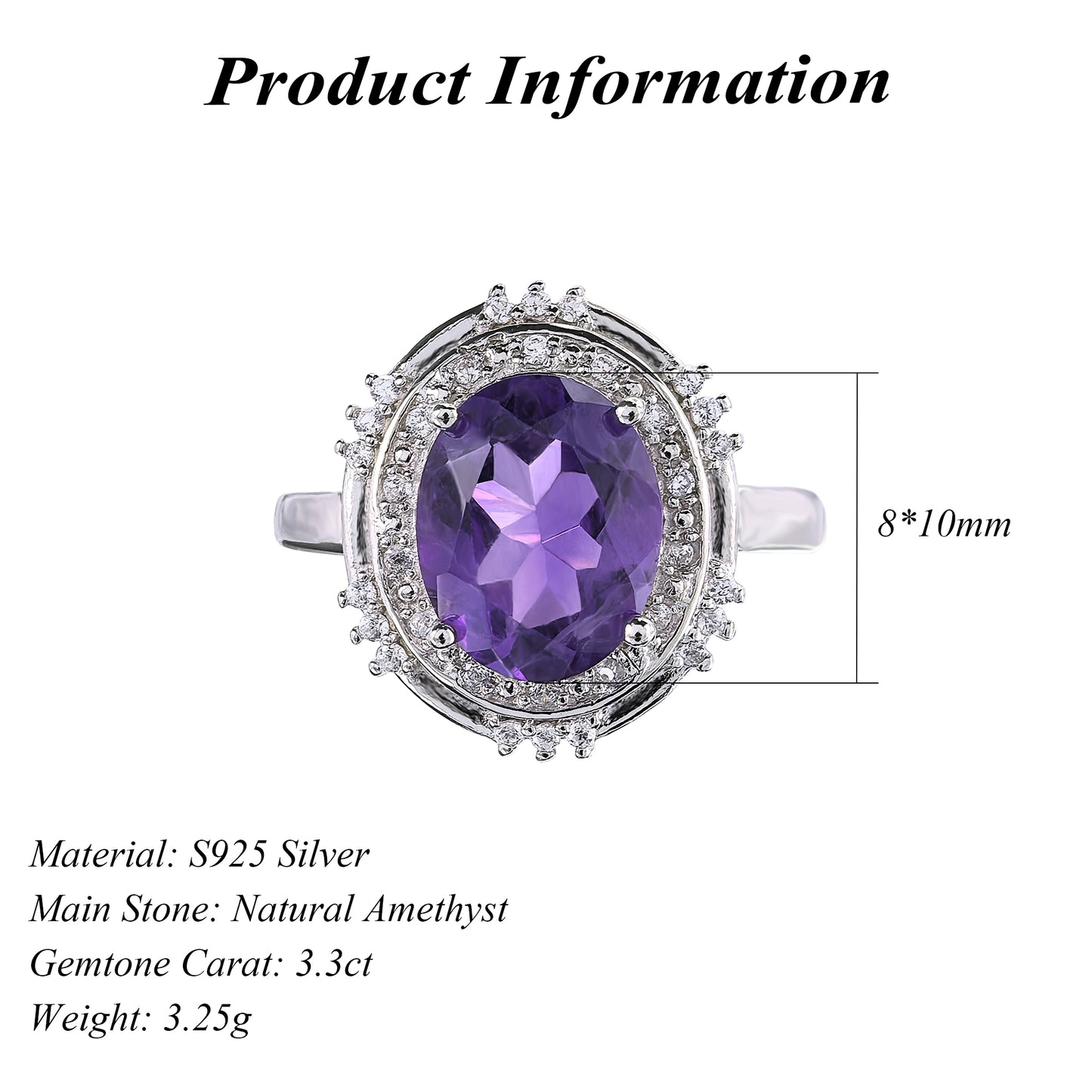 Sparkling Rhodium Plated Silver 925 Jewelry Natural Amethyst Ring