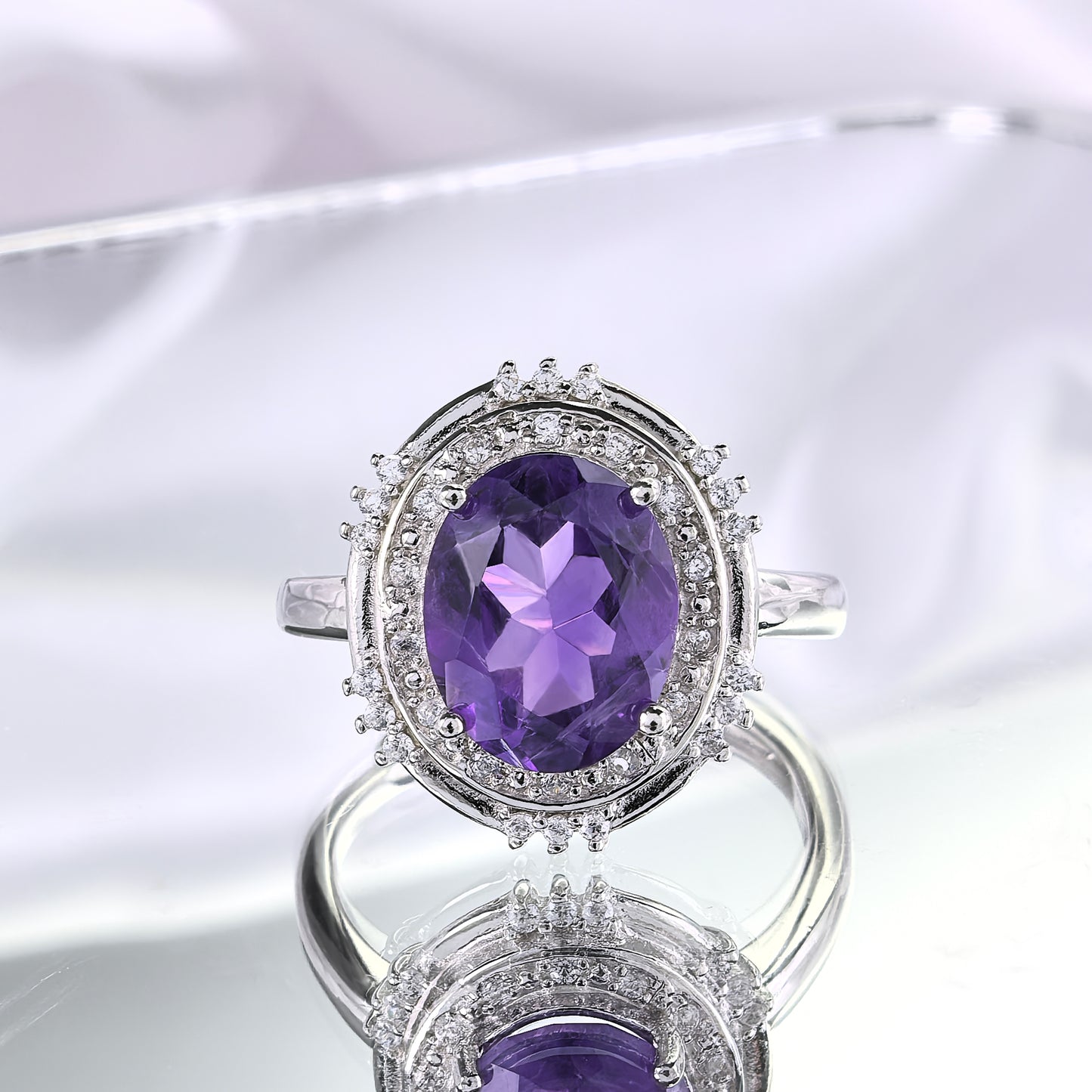 Sparkling Rhodium Plated Silver 925 Jewelry Natural Amethyst Ring