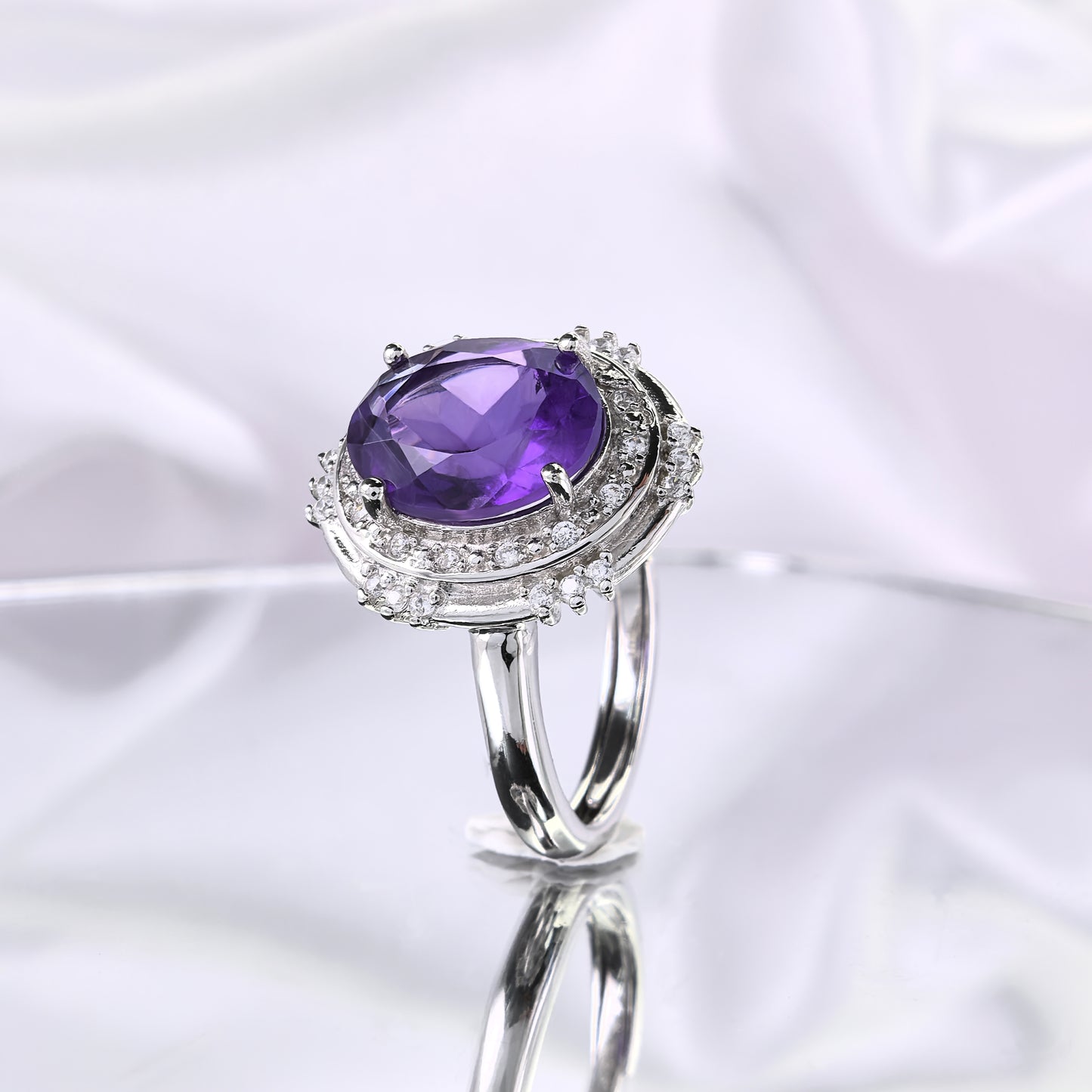 Sparkling Rhodium Plated Silver 925 Jewelry Natural Amethyst Ring
