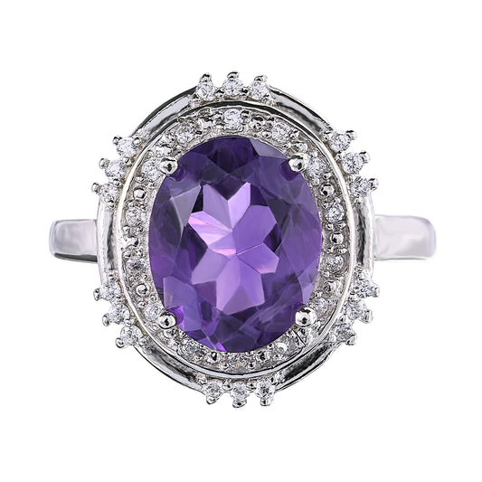 Sparkling Rhodium Plated Silver 925 Jewelry Natural Amethyst Ring
