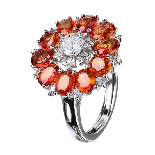 Luxurious Rhodium Plated Silver 925 Jewelry Natural Mandarin Sapphire Flower Ring