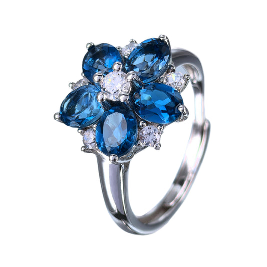 Elegant Rhodium Plated Silver 925 Jewelry Natural London Blue Topaz Flower Ring