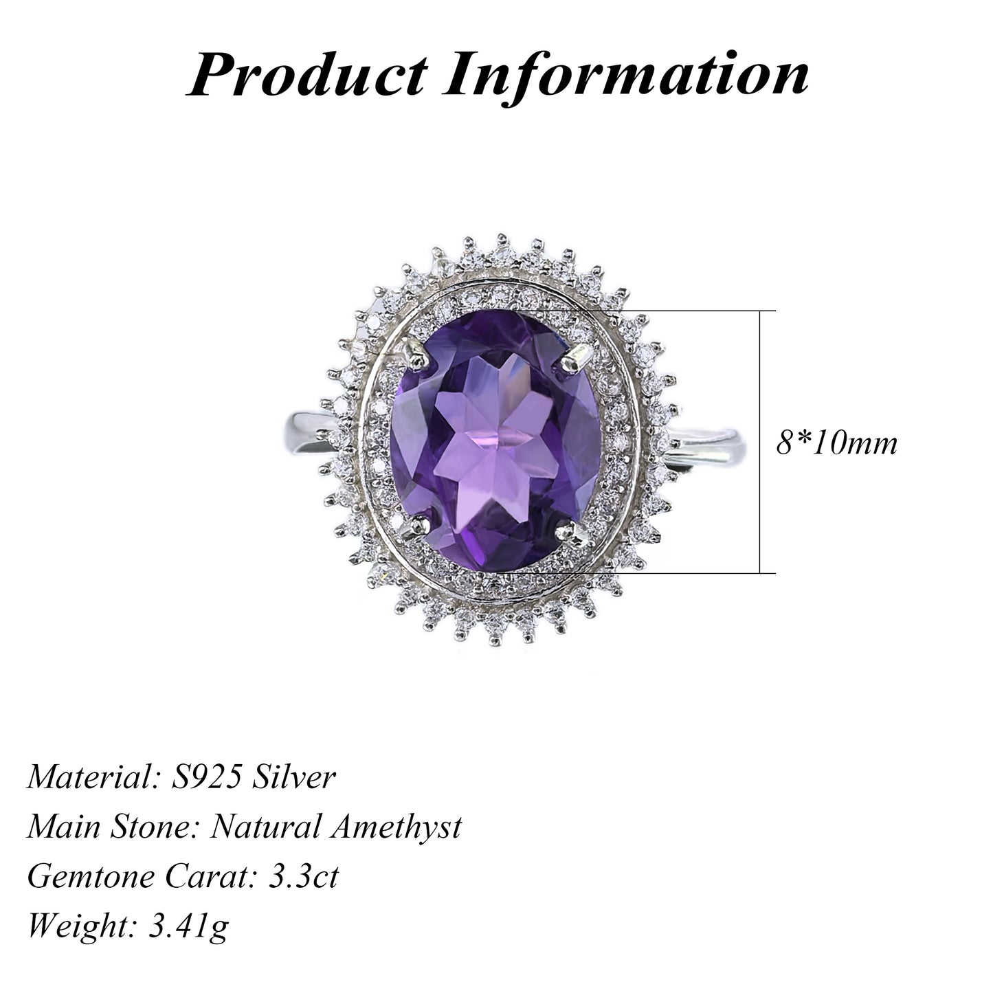 Classic Silver 925 Rhodium Plated  Oval Cut Natural Amethyst Ring