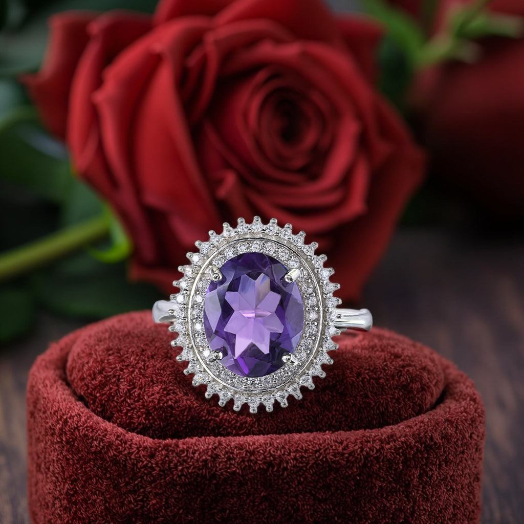 Classic Silver 925 Rhodium Plated  Oval Cut Natural Amethyst Ring