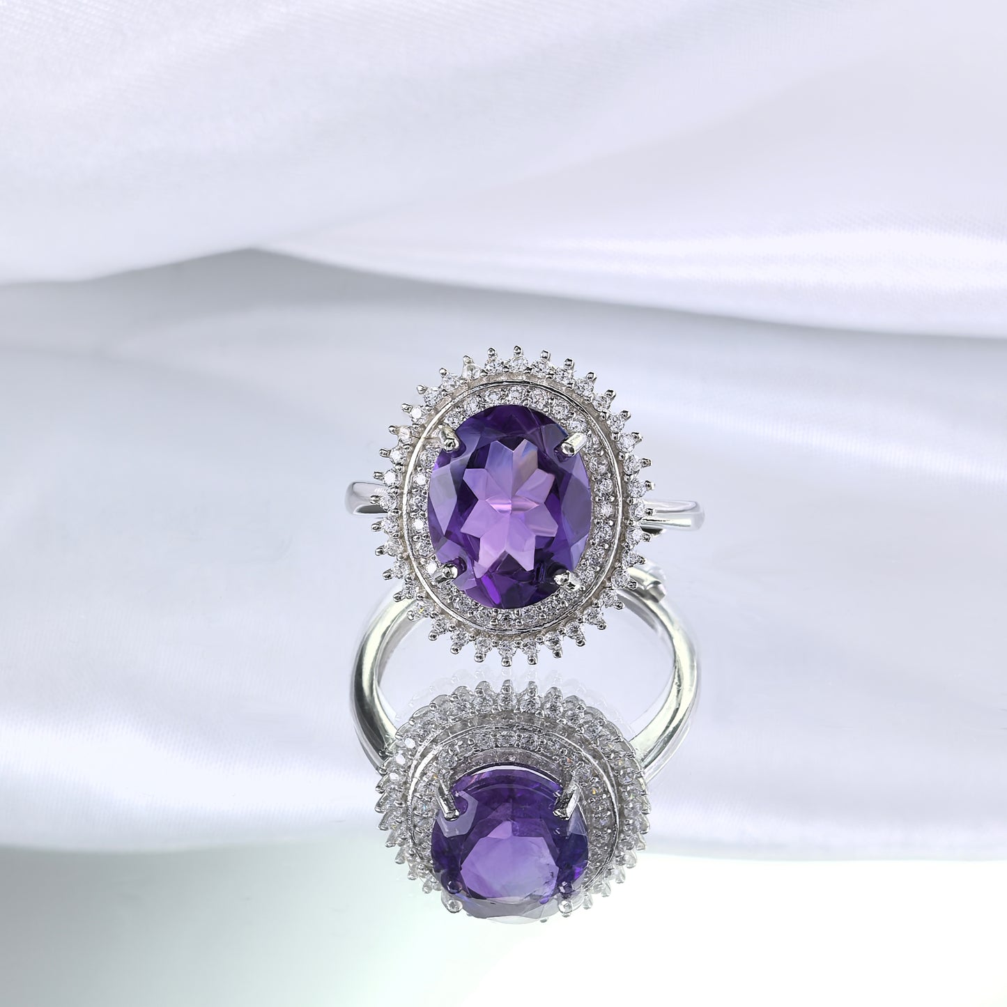 Classic Silver 925 Rhodium Plated  Oval Cut Natural Amethyst Ring