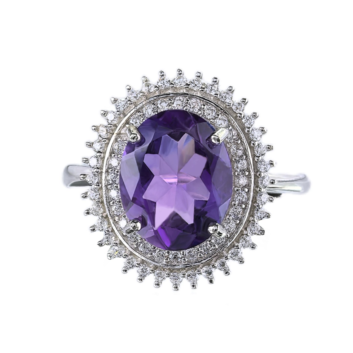 Classic Silver 925 Rhodium Plated  Oval Cut Natural Amethyst Ring