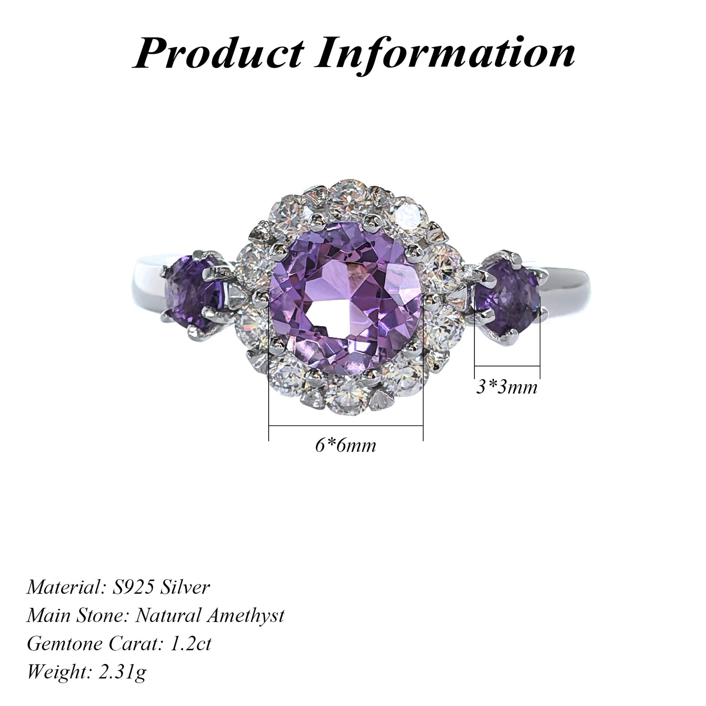Graceful Women's Rhodium Plated Sterling Silver 925 Amethyst Flower Ring