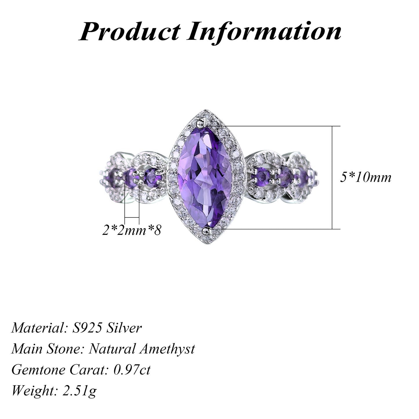 Charming Rhodium Plated 925 Silver Jewelry Natural Amethyst Ring