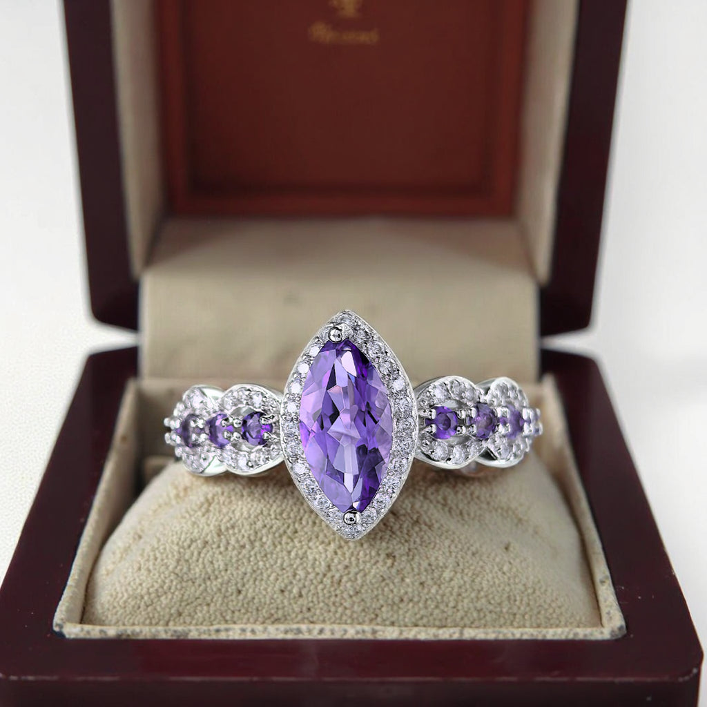 Charming Rhodium Plated 925 Silver Jewelry Natural Amethyst Ring