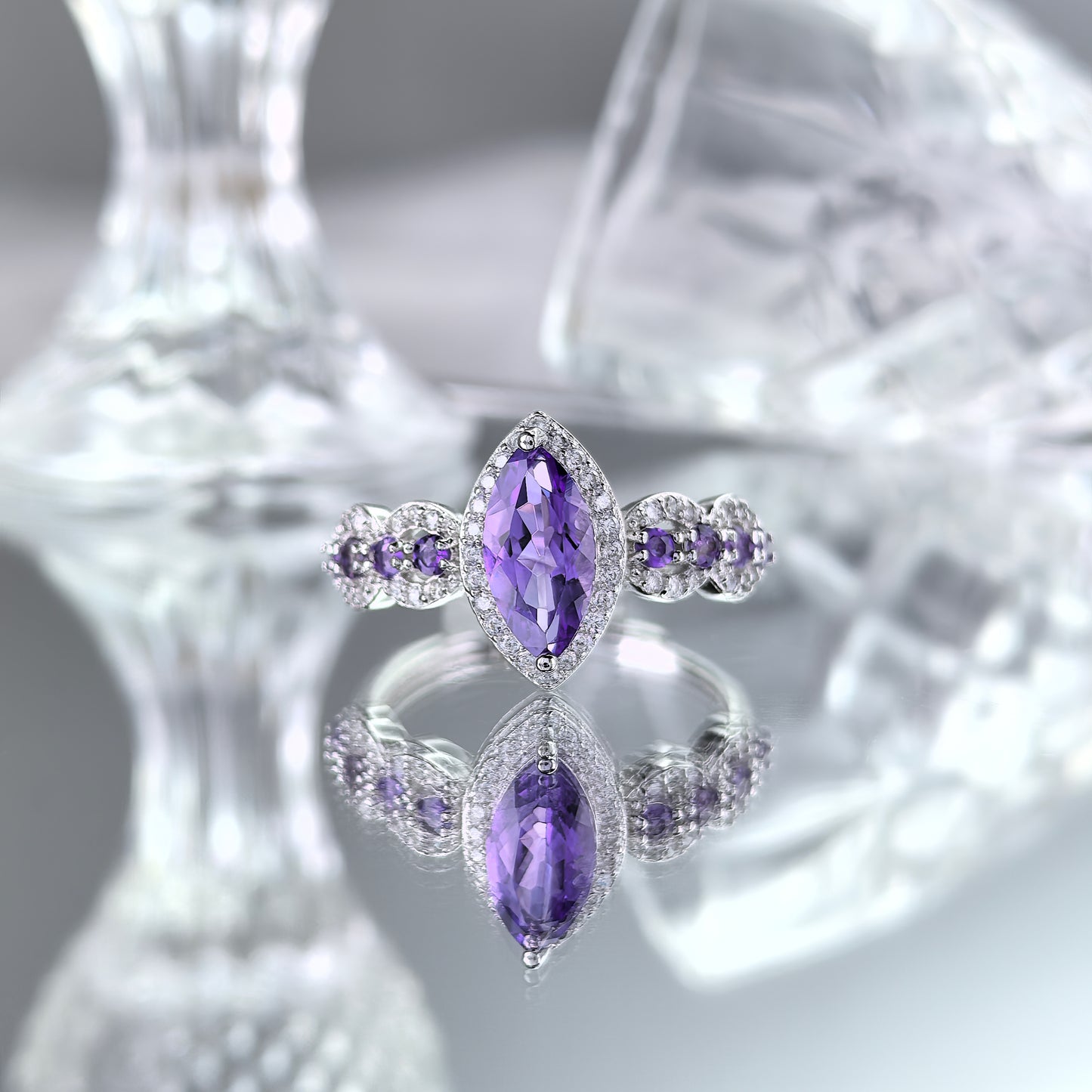 Charming Rhodium Plated 925 Silver Jewelry Natural Amethyst Ring