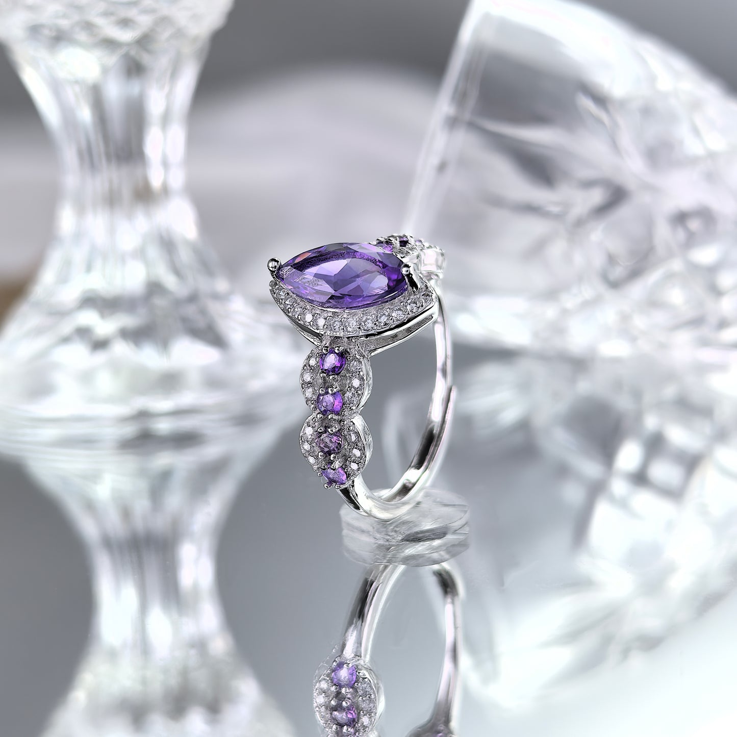Charming Rhodium Plated 925 Silver Jewelry Natural Amethyst Ring