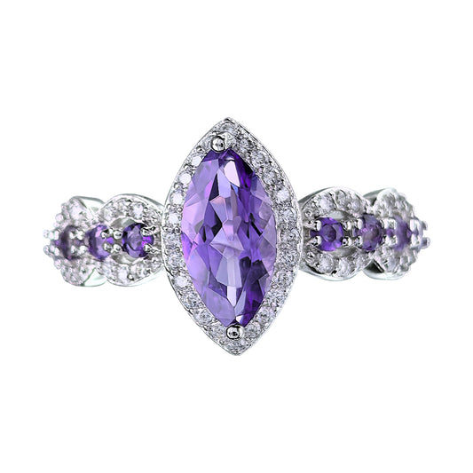 Charming Rhodium Plated 925 Silver Jewelry Natural Amethyst Ring