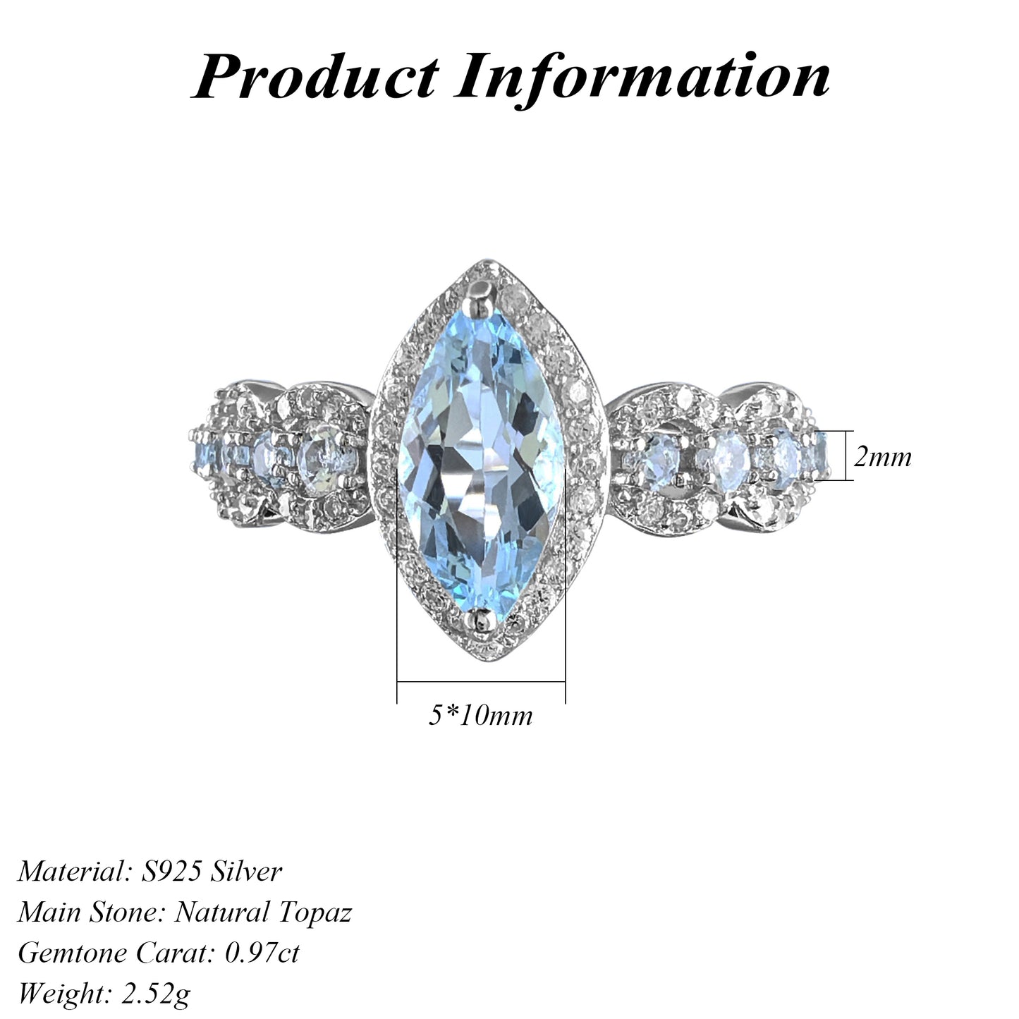 Hot Sale Exquisite 925 Sterling Silver Natural Sky Blue Topaz Ring