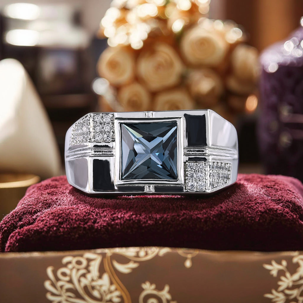 925 Sterling Silver Natural London Blue Topaz Ring Sparkling Rhodium Plated