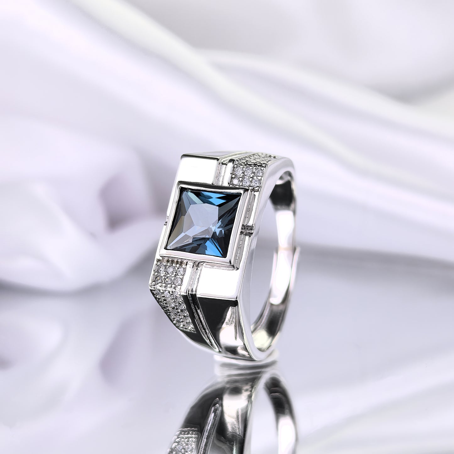 925 Sterling Silver Natural London Blue Topaz Ring Sparkling Rhodium Plated