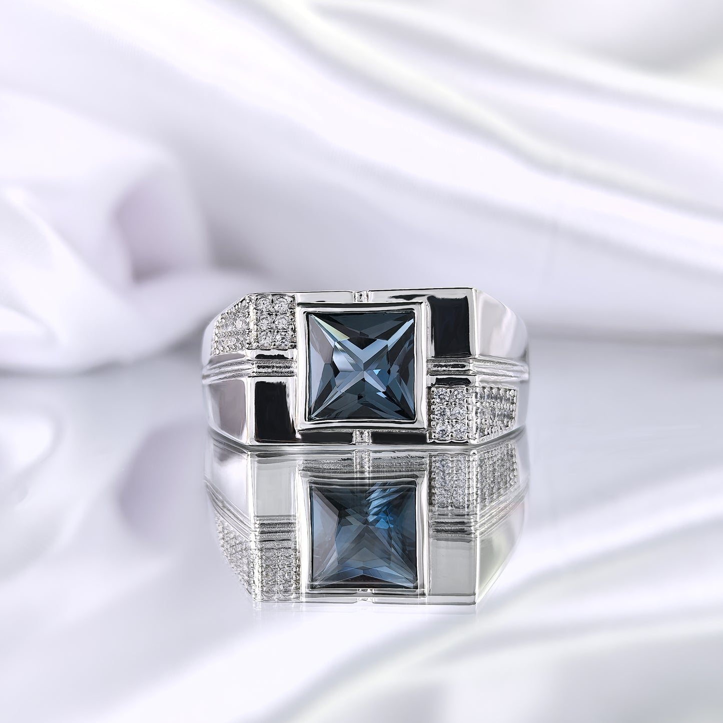 925 Sterling Silver Natural London Blue Topaz Ring Sparkling Rhodium Plated