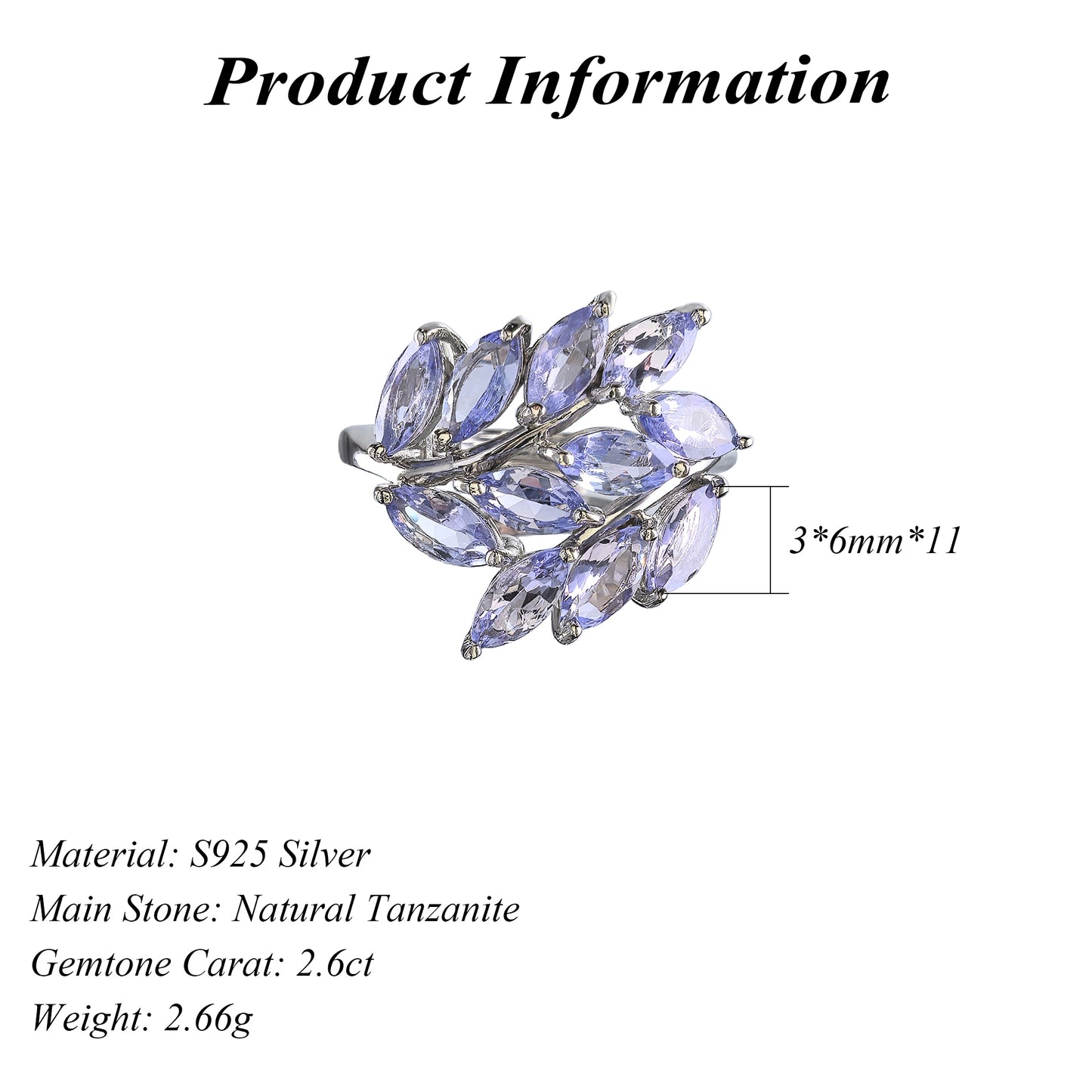 Charming Rhodium Plated Silver 925 Jewelry Natural Tanzanite Leaves Ring