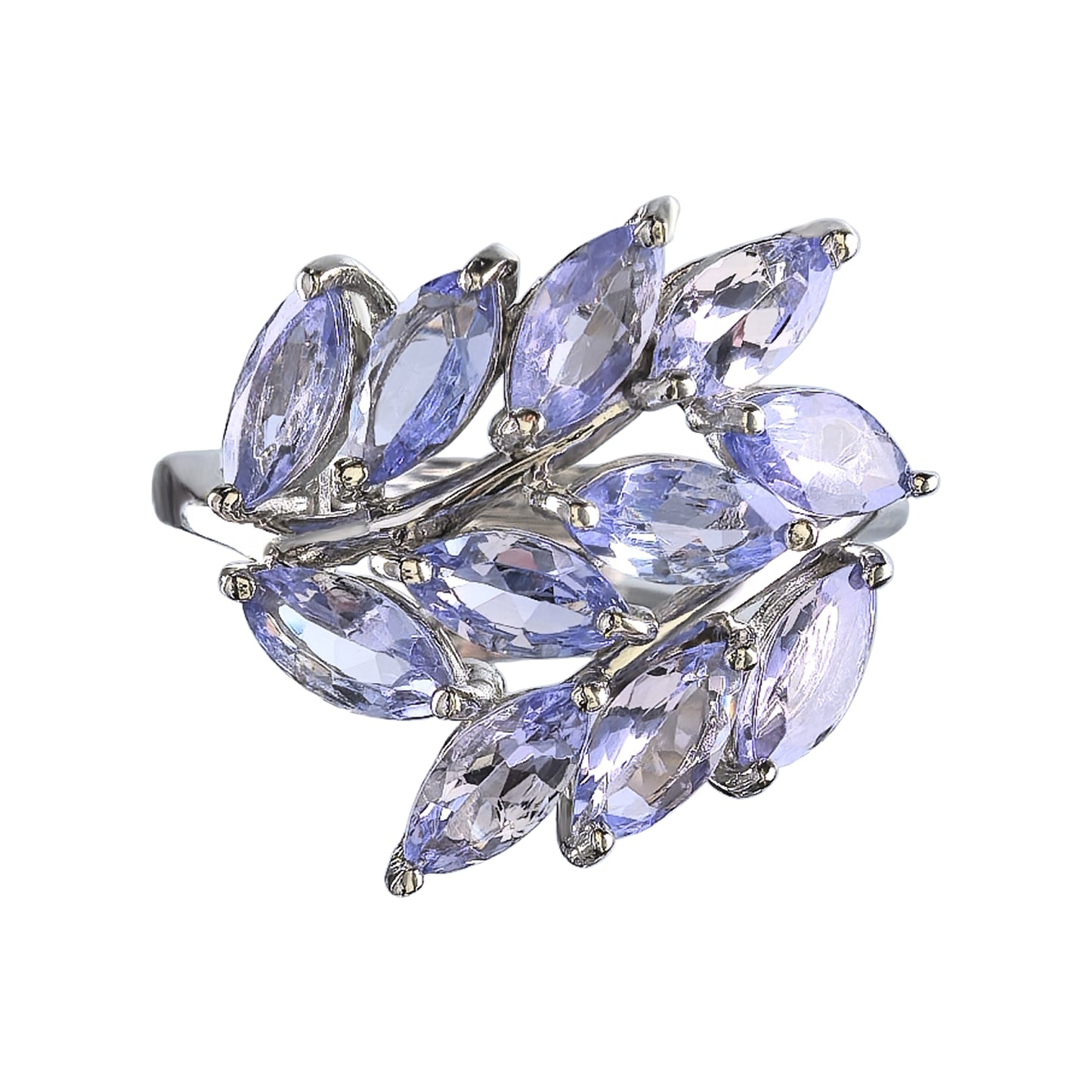 Charming Rhodium Plated Silver 925 Jewelry Natural Tanzanite Leaves Ring