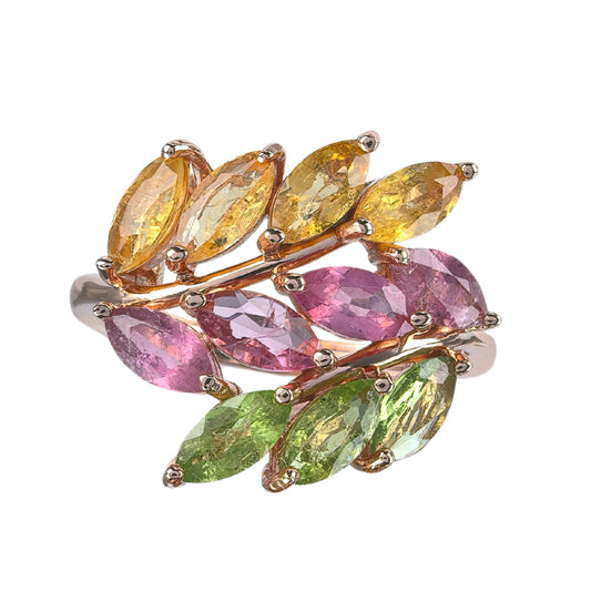 Elegant Rose Gold Plated Silver 925 Jewelry Natural Tourmaline Leaf Ring