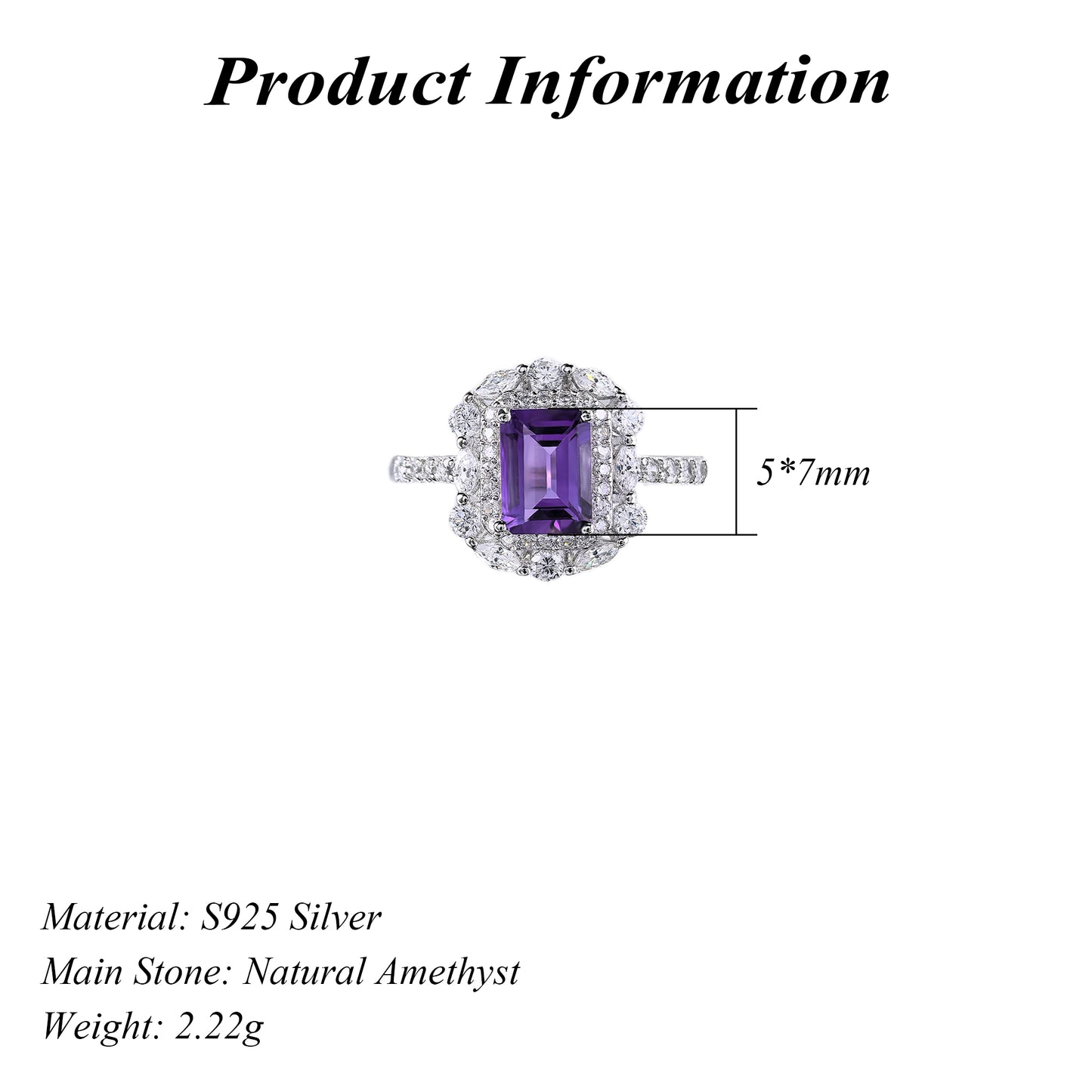 Classic Rhodium Plated Silver 925 Jewelry Natural Amethyst Ring