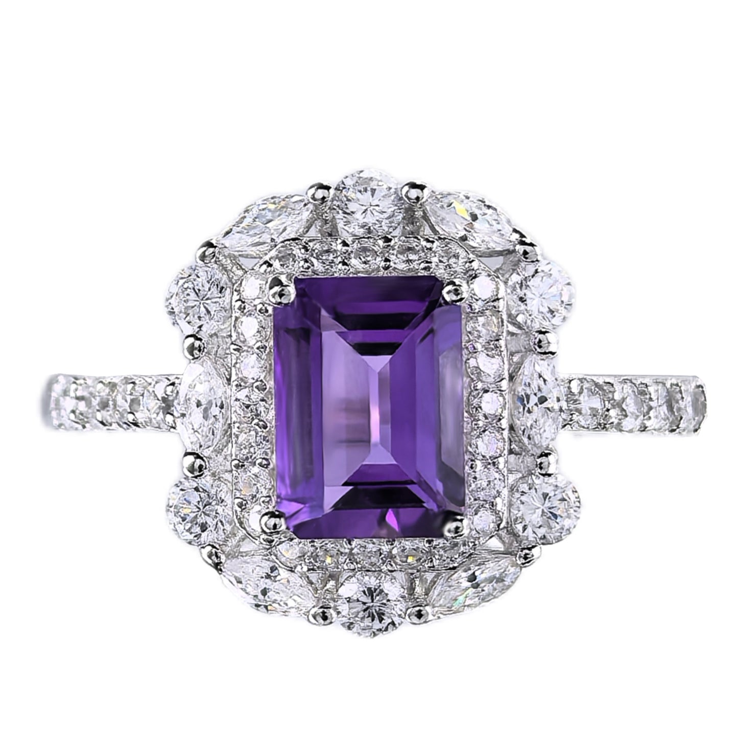 Classic Rhodium Plated Silver 925 Jewelry Natural Amethyst Ring