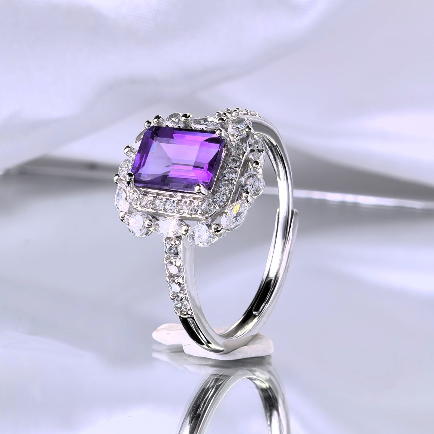 Classic Rhodium Plated Silver 925 Jewelry Natural Amethyst Ring