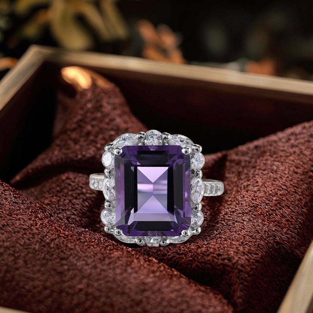 Precious Rhodium Plated 925 Sterling Silver Natural Amethyst Ring