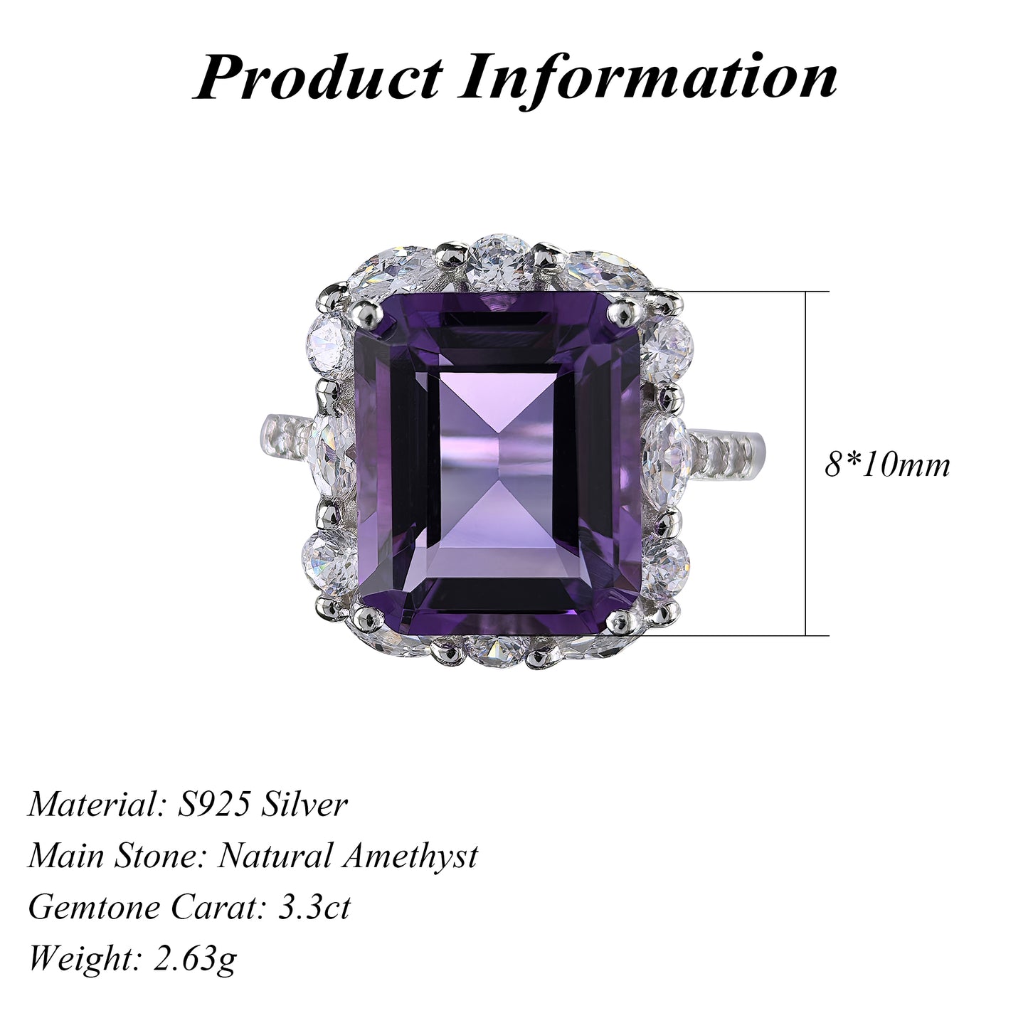 Precious Rhodium Plated 925 Sterling Silver Natural Amethyst Ring