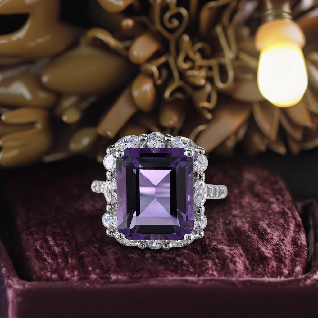 Precious Rhodium Plated 925 Sterling Silver Natural Amethyst Ring