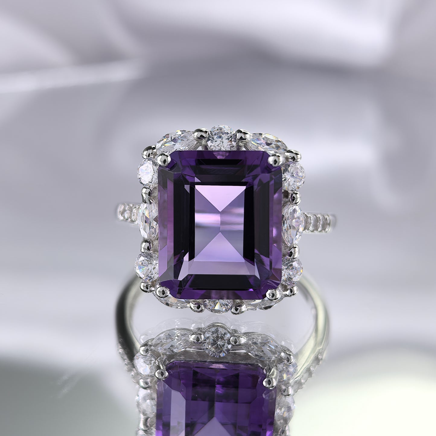 Precious Rhodium Plated 925 Sterling Silver Natural Amethyst Ring