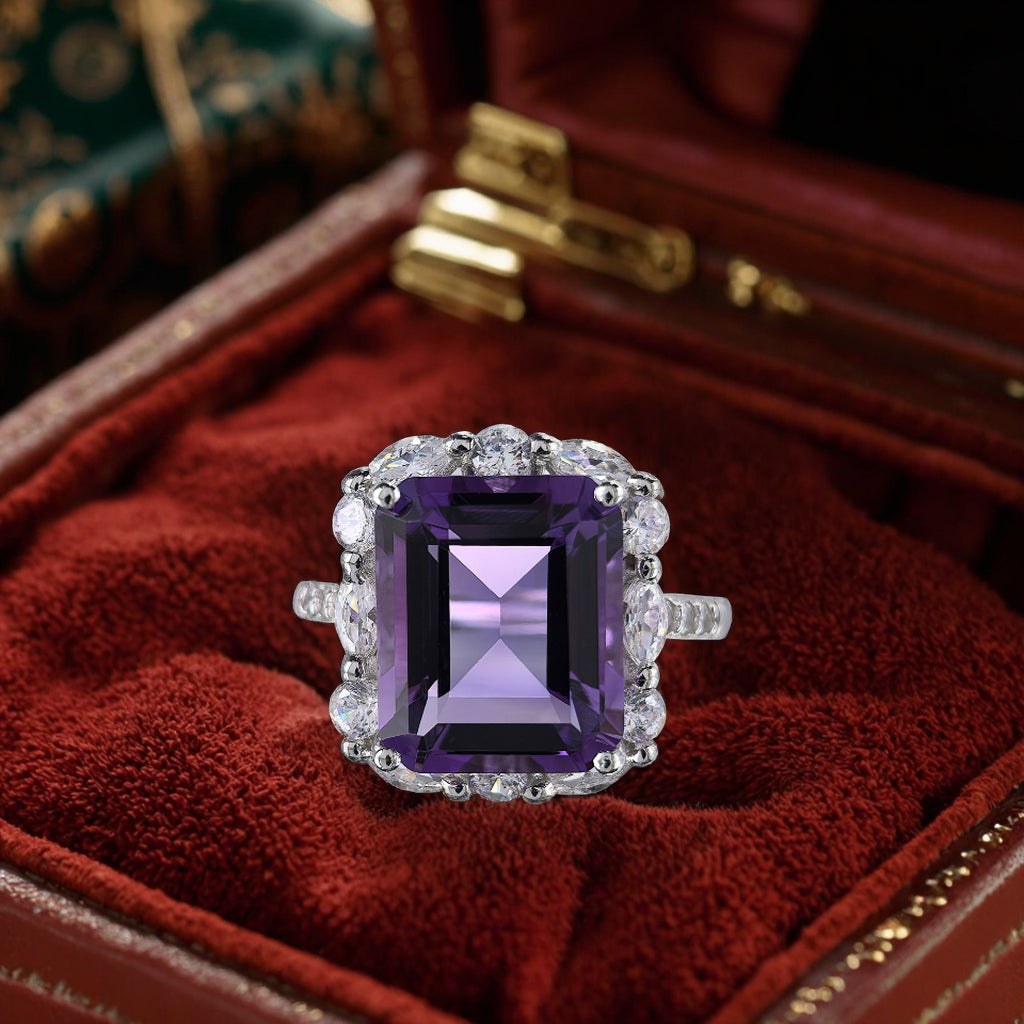 Precious Rhodium Plated 925 Sterling Silver Natural Amethyst Ring