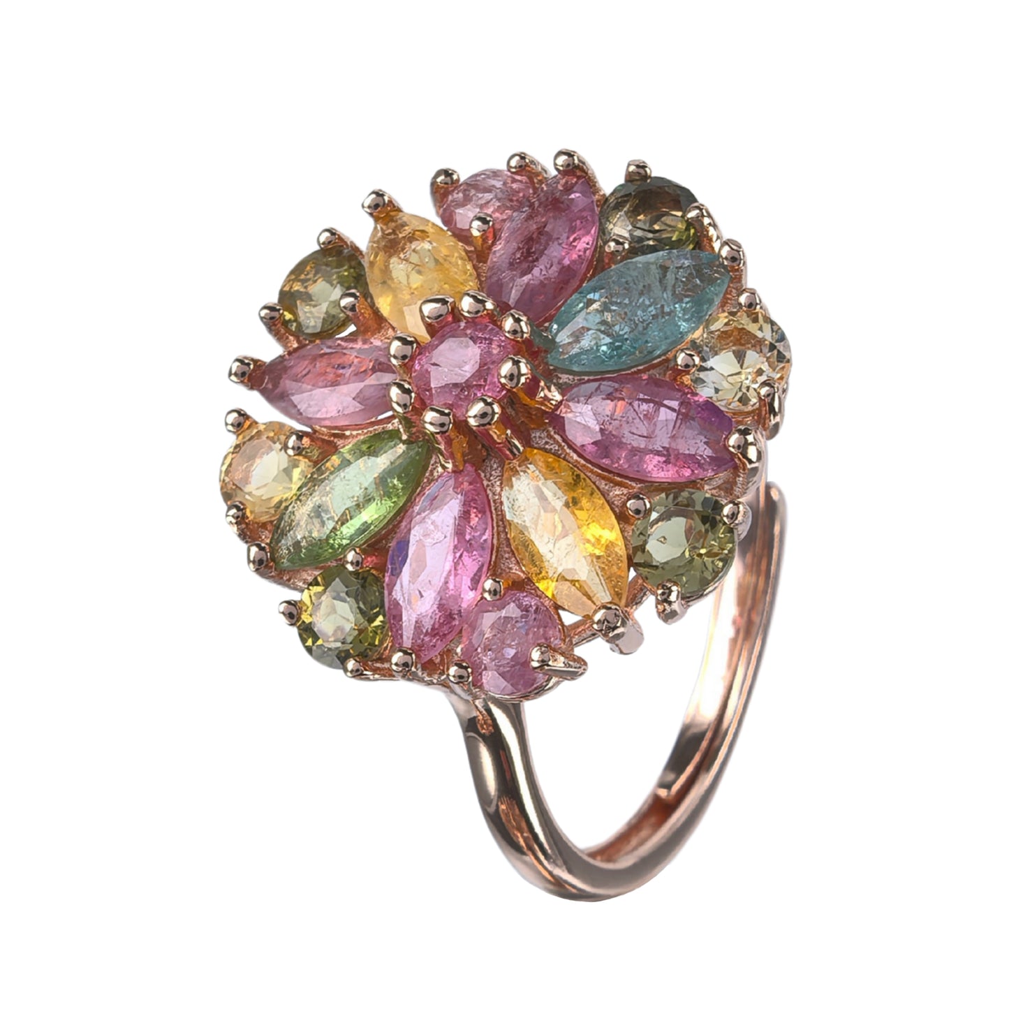 Charming Rose Gold Plated Silver 925 Jewelry Natural Tourmaline Flower Ring