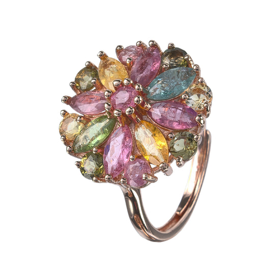 Charming Rose Gold Plated Silver 925 Jewelry Natural Tourmaline Flower Ring
